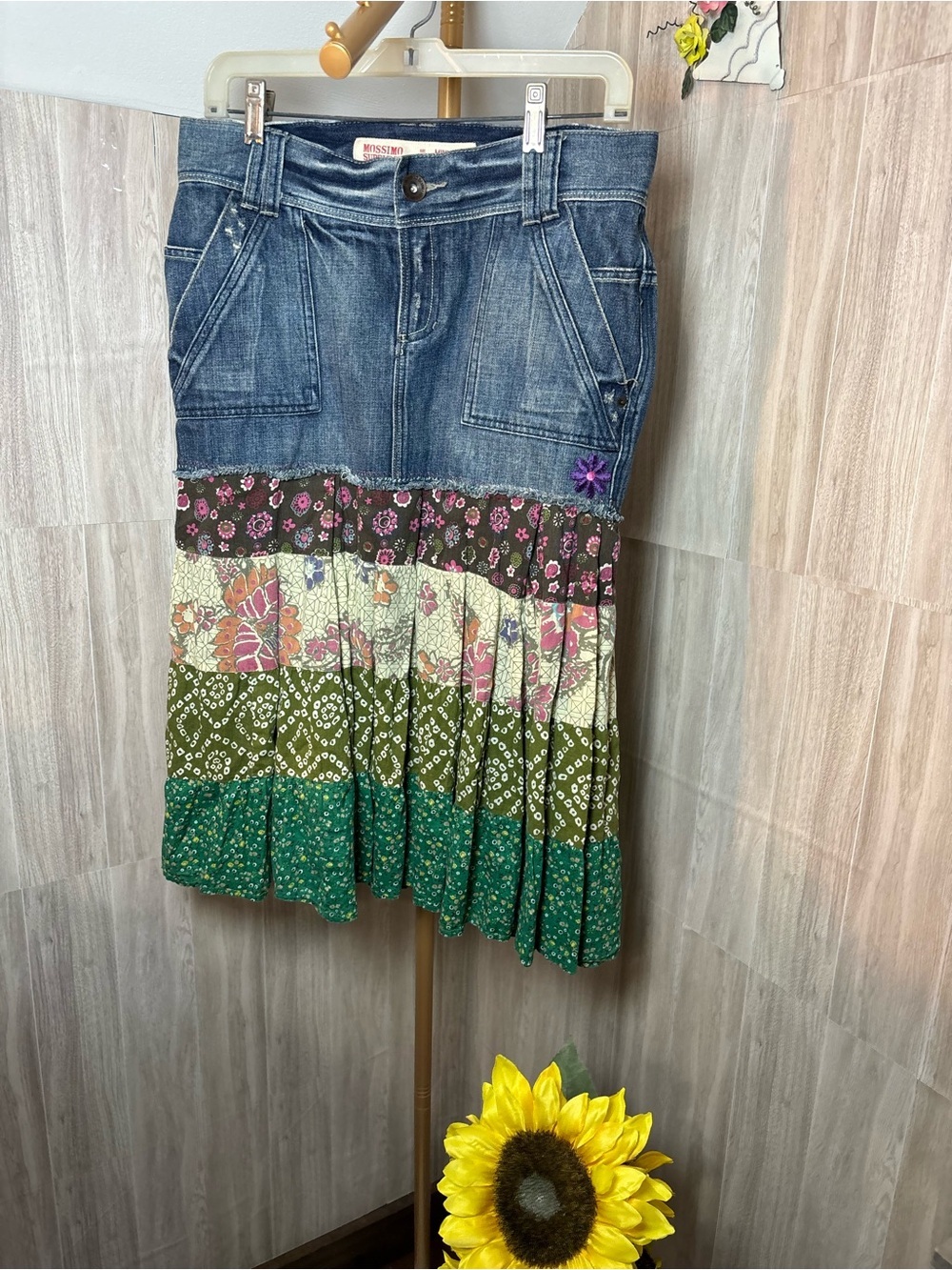 Upcycled Reworked Mossimo Boho Denim and Floral Midi Skirt